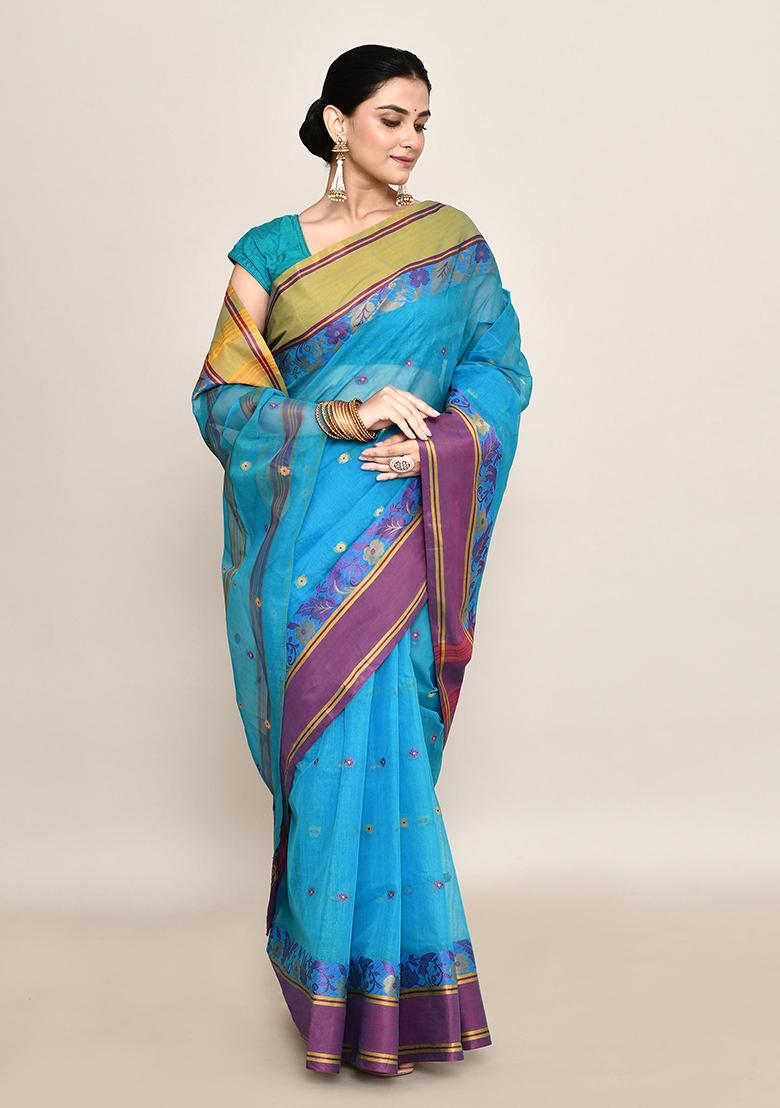 Blue Buti Work Cotton Saree (Without Blouse)