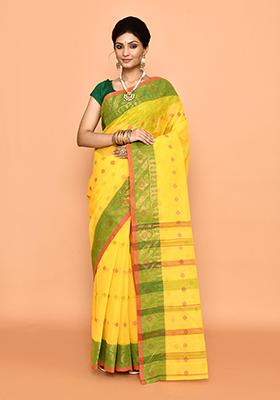 Yellow Buti Work Cotton Saree (Without Blouse)