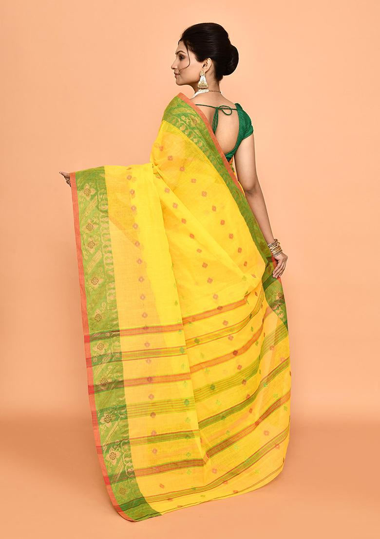 Yellow Buti Work Cotton Saree (Without Blouse)