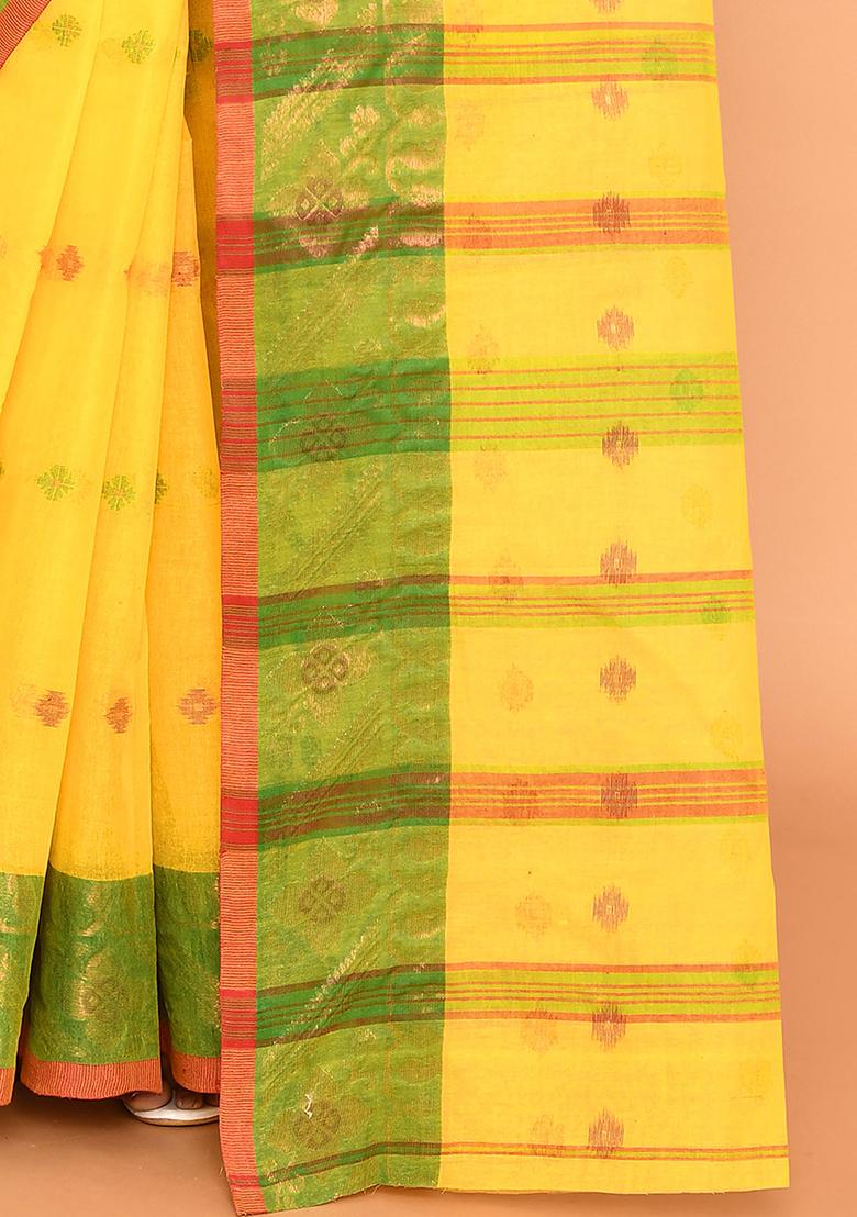 Yellow Buti Work Cotton Saree (Without Blouse)