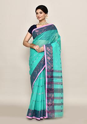 Sea Green Buti Work Cotton Saree (Without Blouse)