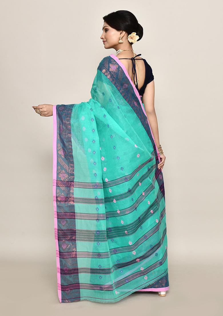 Sea Green Buti Work Cotton Saree (Without Blouse)