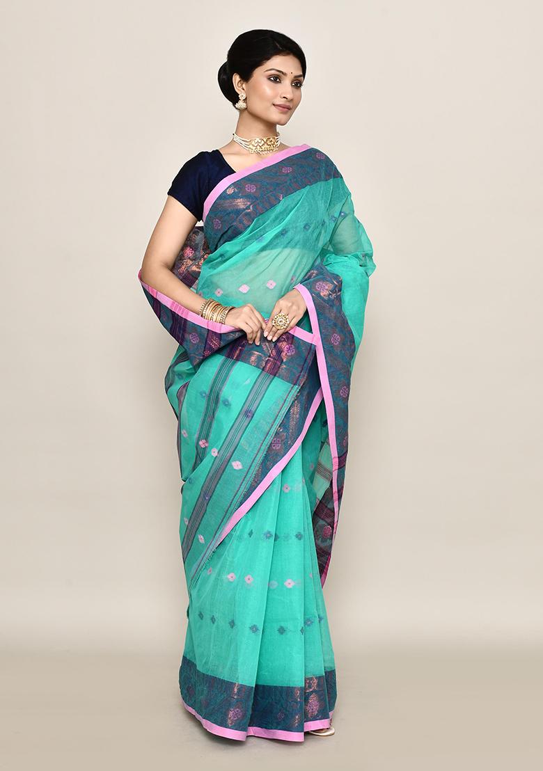 Sea Green Buti Work Cotton Saree (Without Blouse)