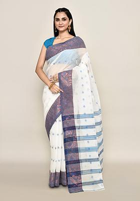 Off White Buti Work Cotton Saree (Without Blouse)