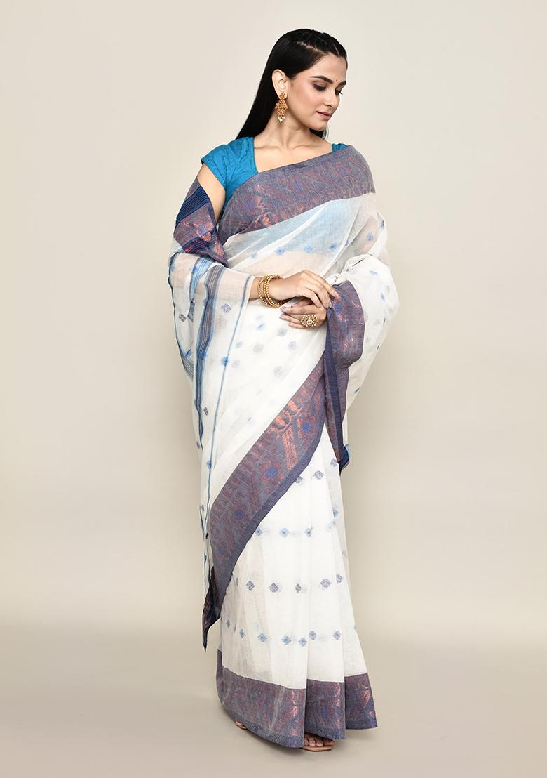 Off White Buti Work Cotton Saree (Without Blouse)