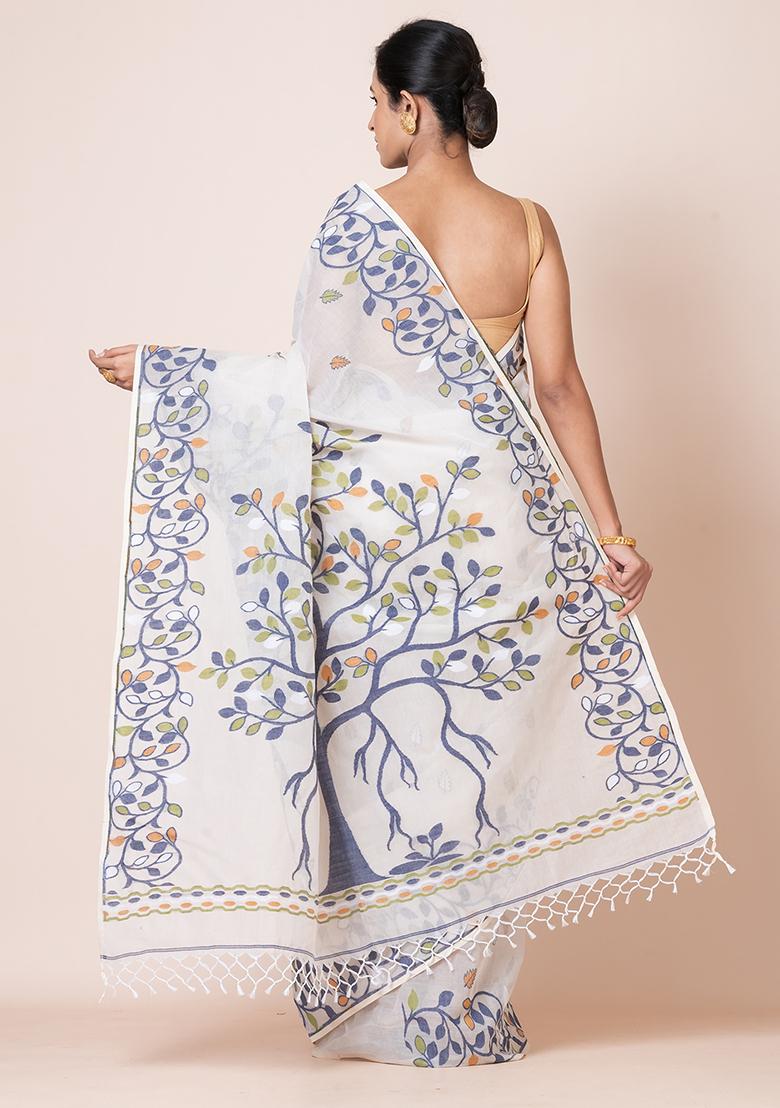 Off White Jamdani Cotton Saree (Without Blouse)