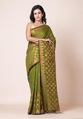 Green Zari Work Cotton Saree Set