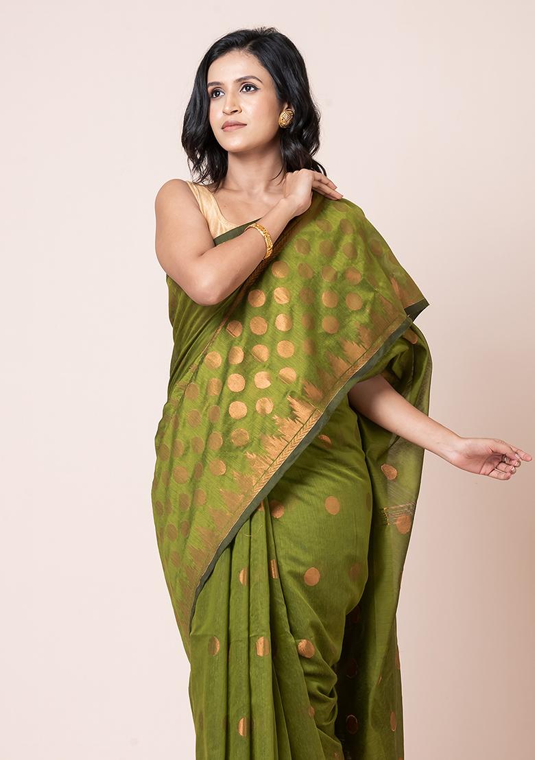 Green Zari Work Cotton Saree Set