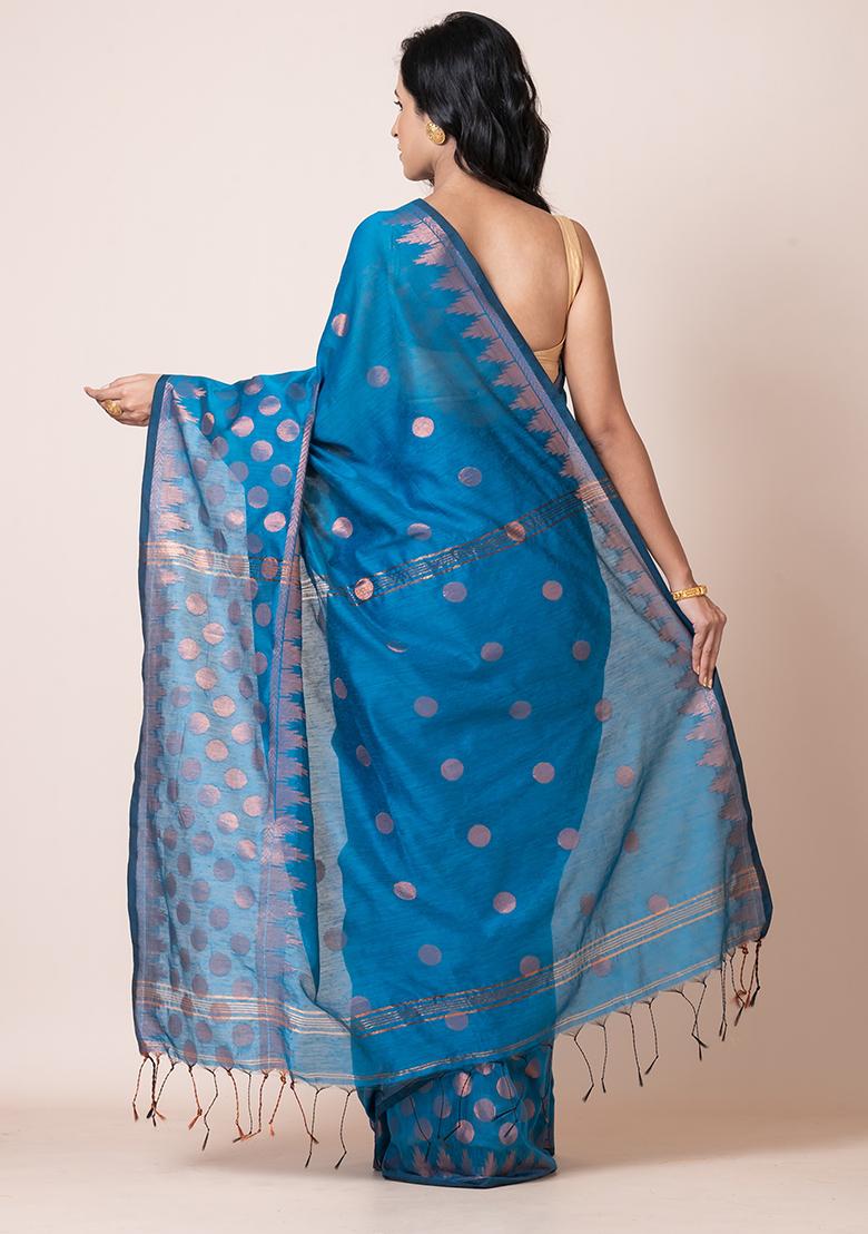 Teal Blue Zari Work Cotton Saree Set