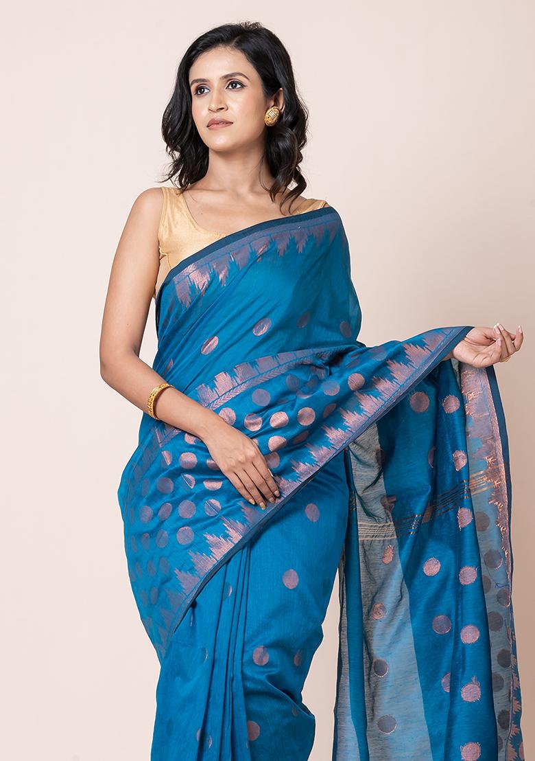 Teal Blue Zari Work Cotton Saree Set