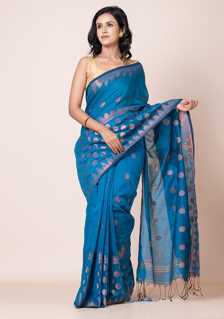 Teal Blue Zari Work Cotton Saree Set