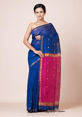 Blue Zari Work Cotton Saree Set