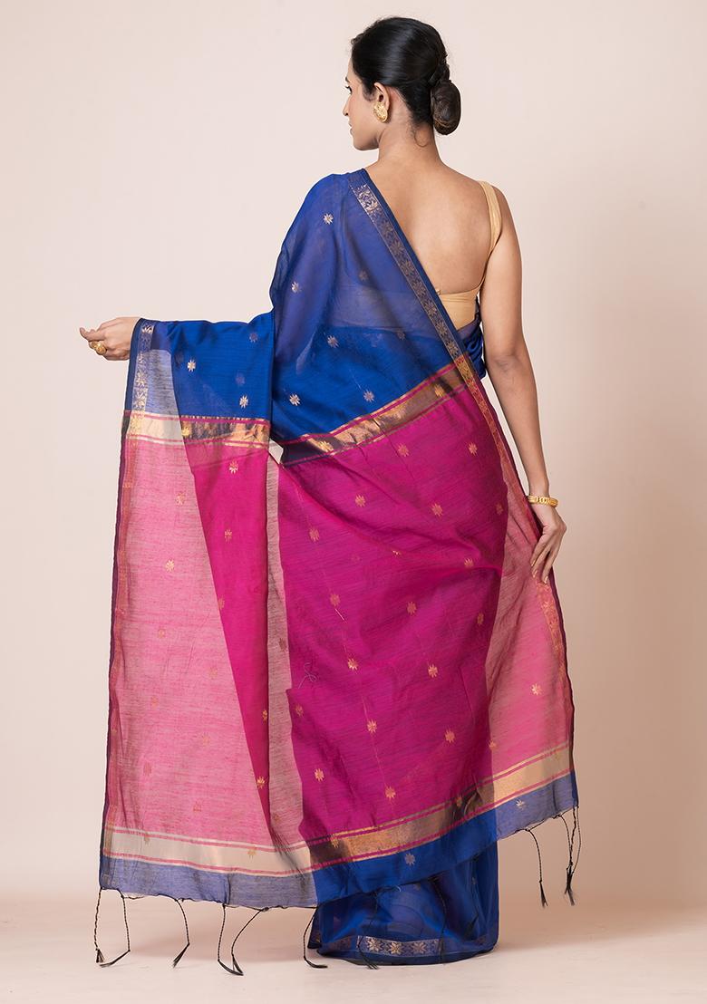 Blue Zari Work Cotton Saree Set