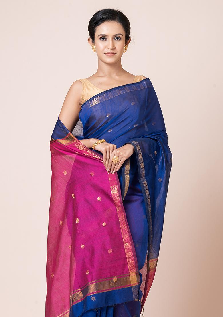 Blue Zari Work Cotton Saree Set