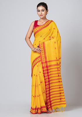 Yellow Printed Cotton Saree Set