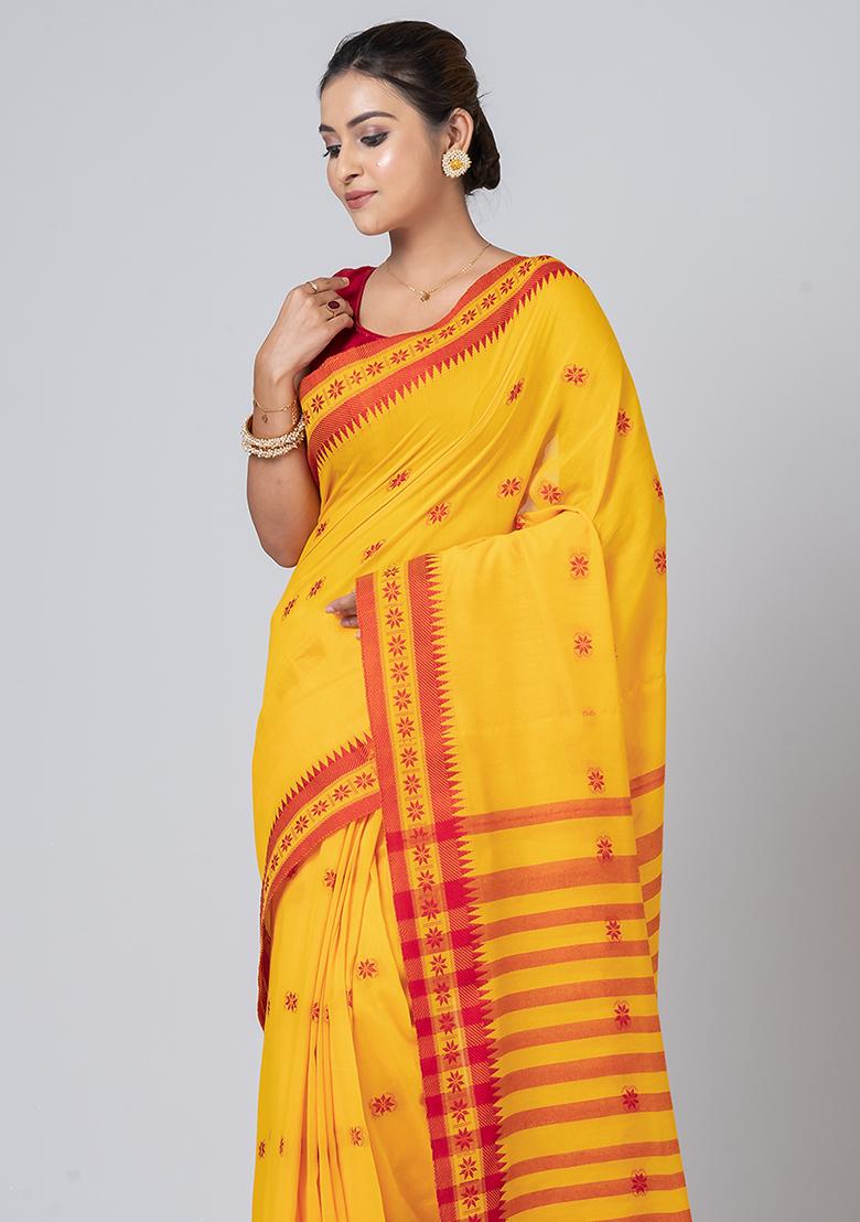 Yellow Printed Cotton Saree Set