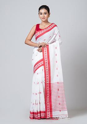 White Printed Cotton Saree Set