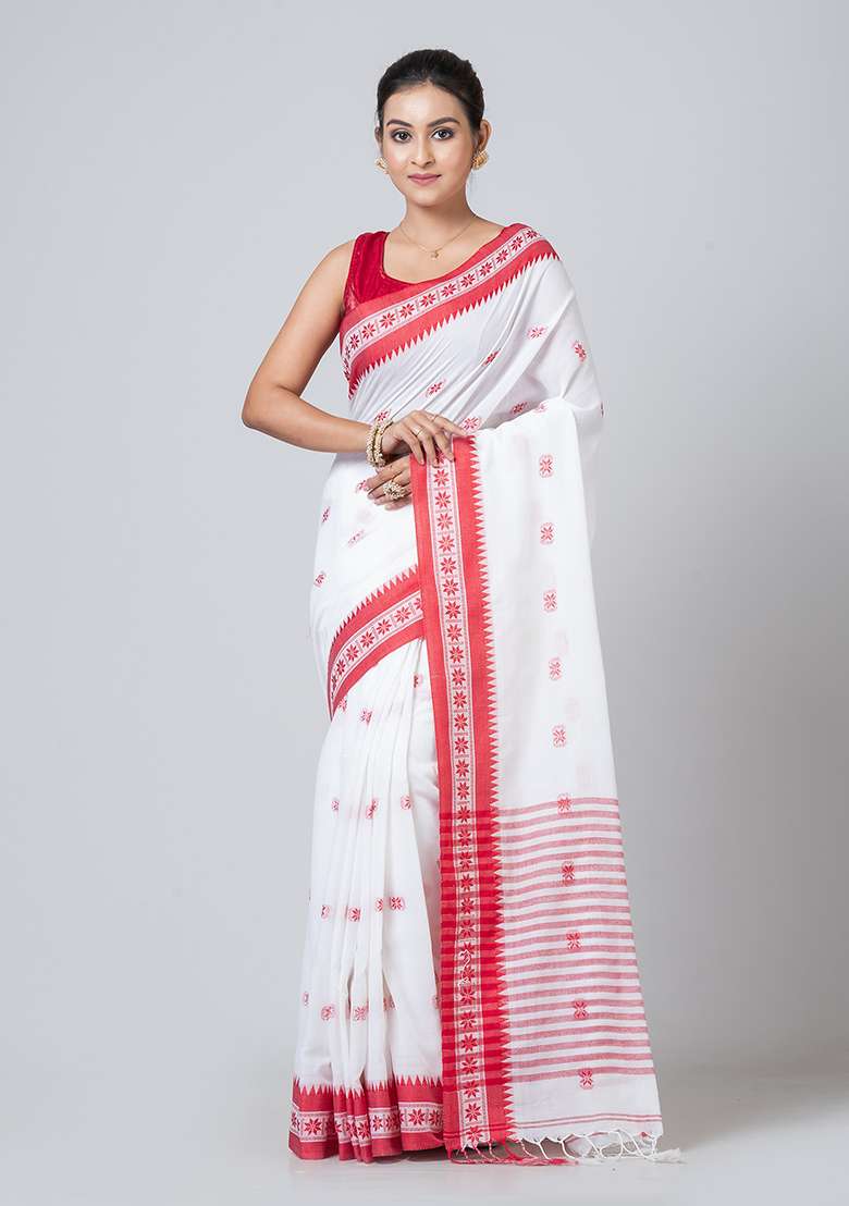 White Printed Cotton Saree Set - Indya