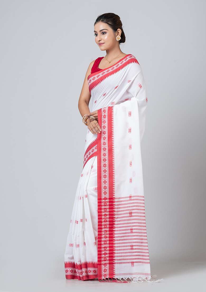 White Printed Cotton Saree Set - Indya