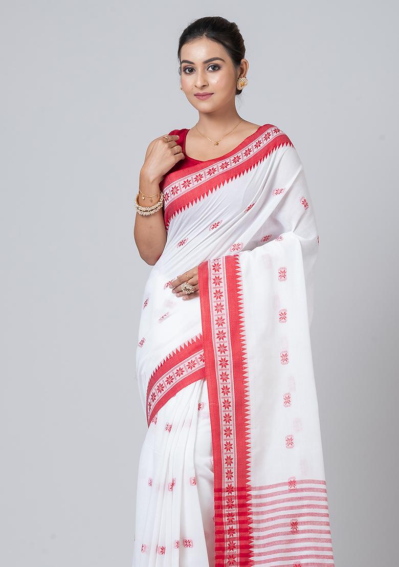 White Printed Cotton Saree Set