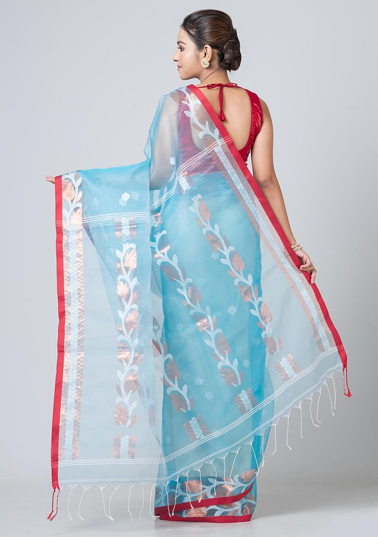 Sea Green Jamdani Blended Silk Saree Set