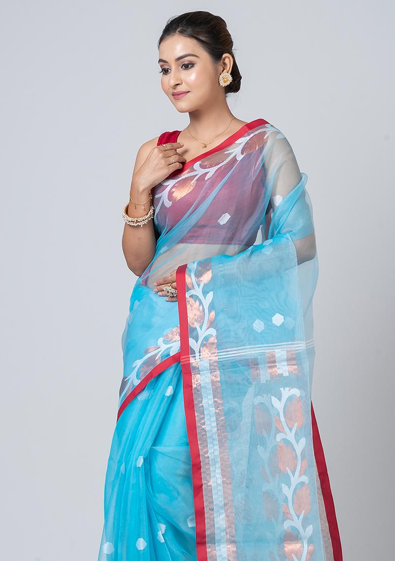 Sea Green Jamdani Blended Silk Saree Set