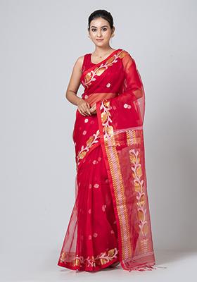 Red Jamdani Blended Silk Saree Set