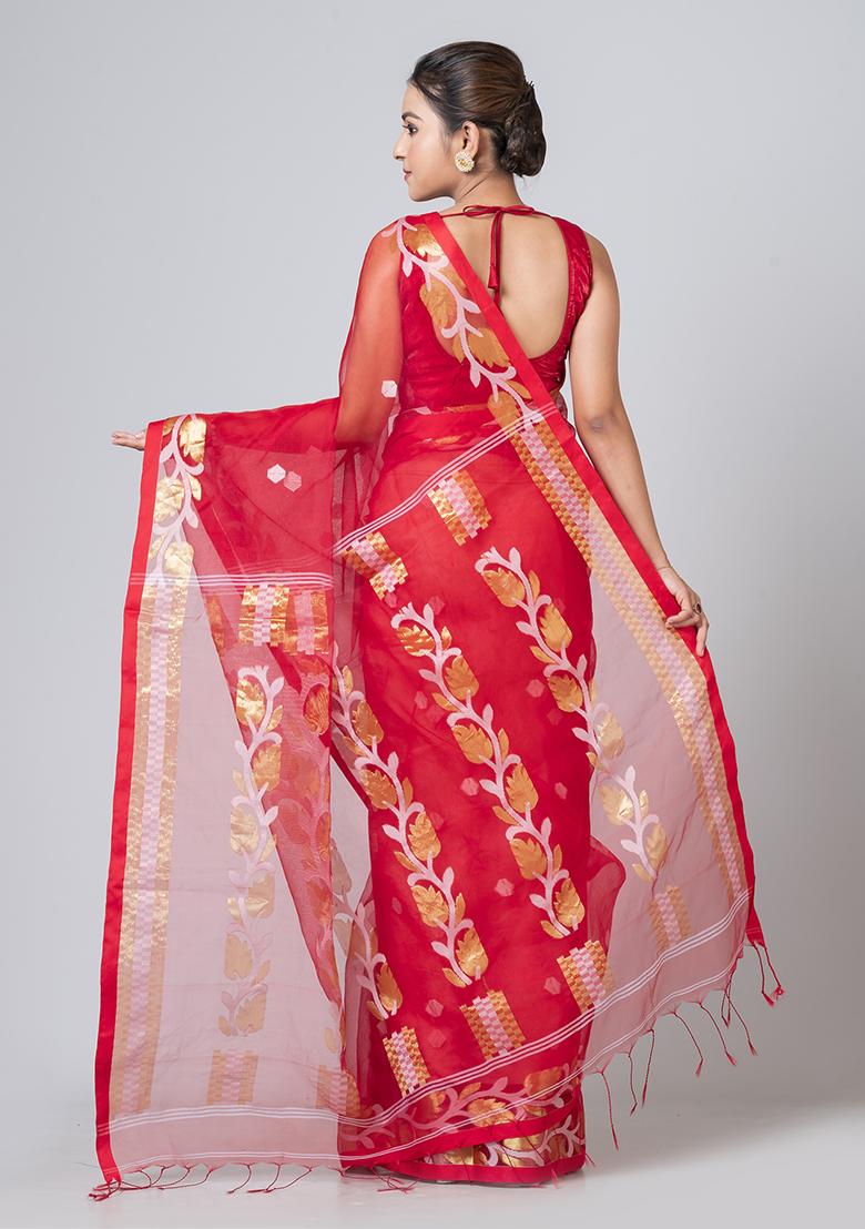 Red Jamdani Blended Silk Saree Set