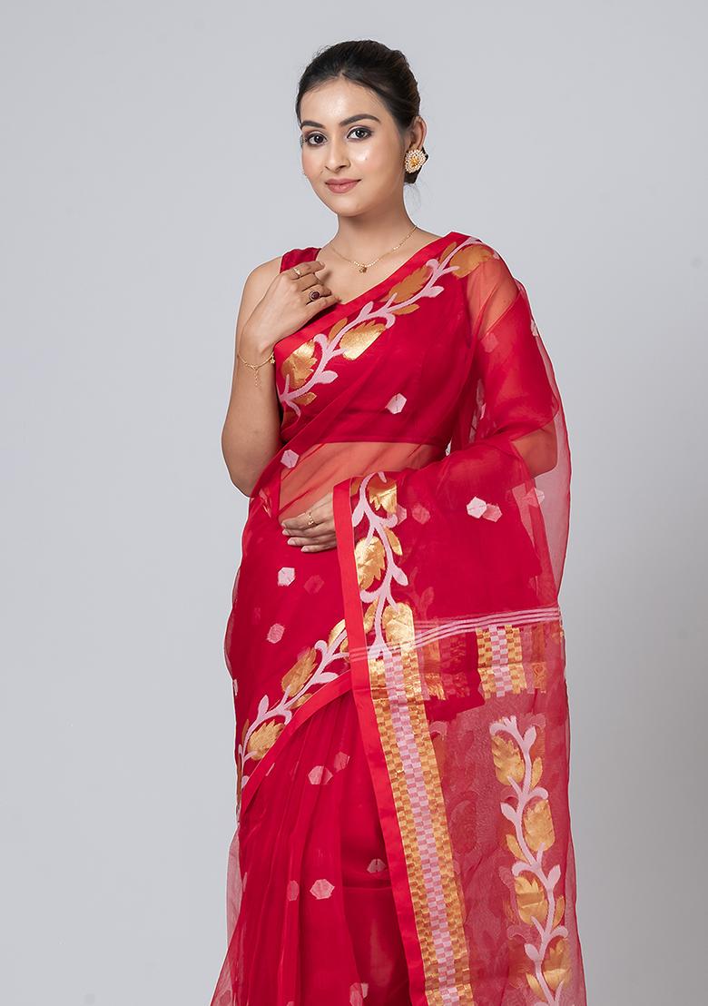 Red Jamdani Blended Silk Saree Set