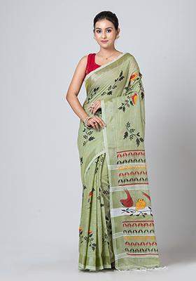 Green Printed Cotton Saree Set