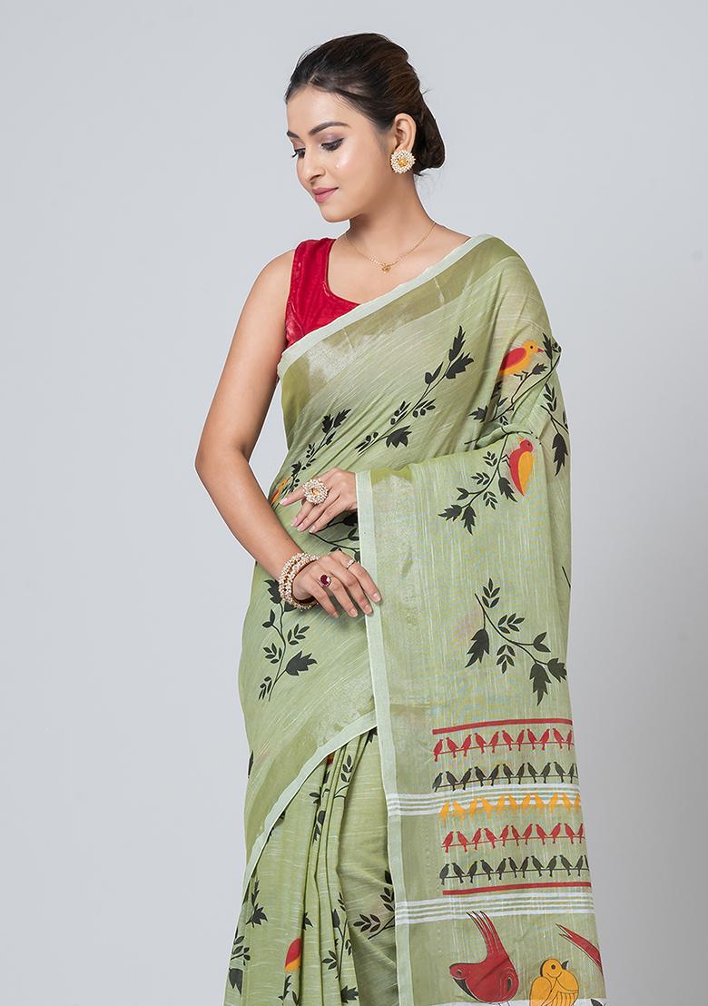 Green Printed Cotton Saree Set