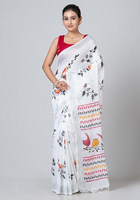 White Printed Cotton Saree Set