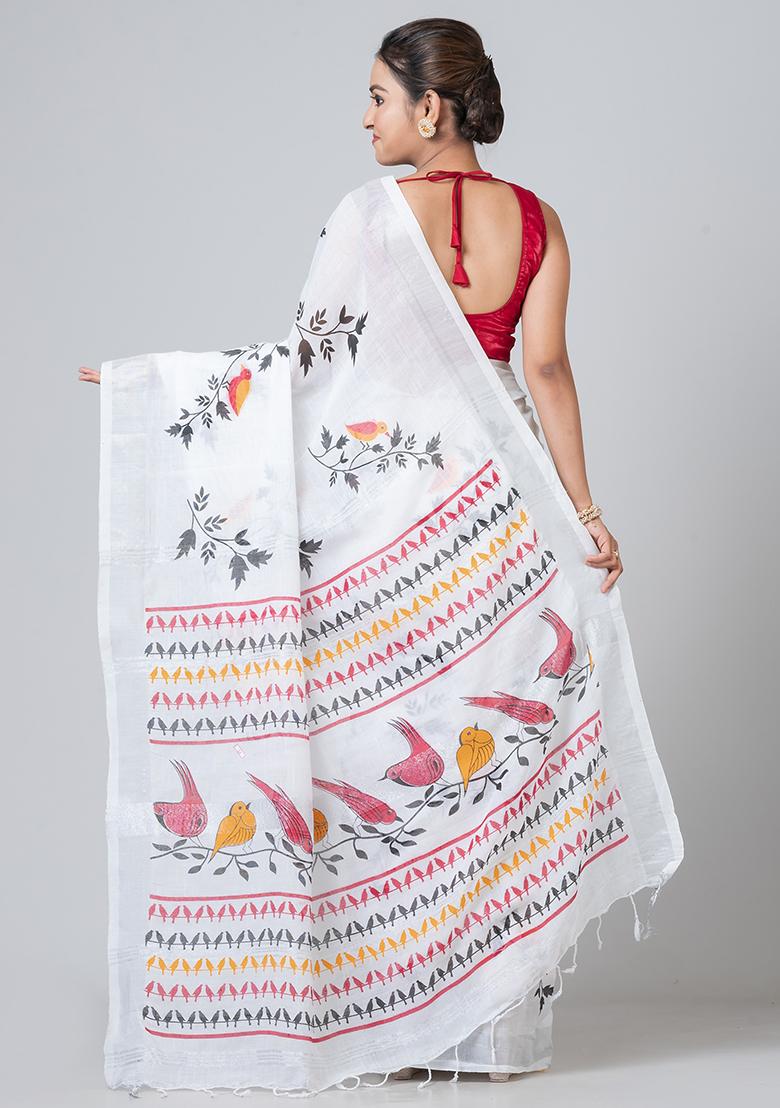 White Printed Cotton Saree Set