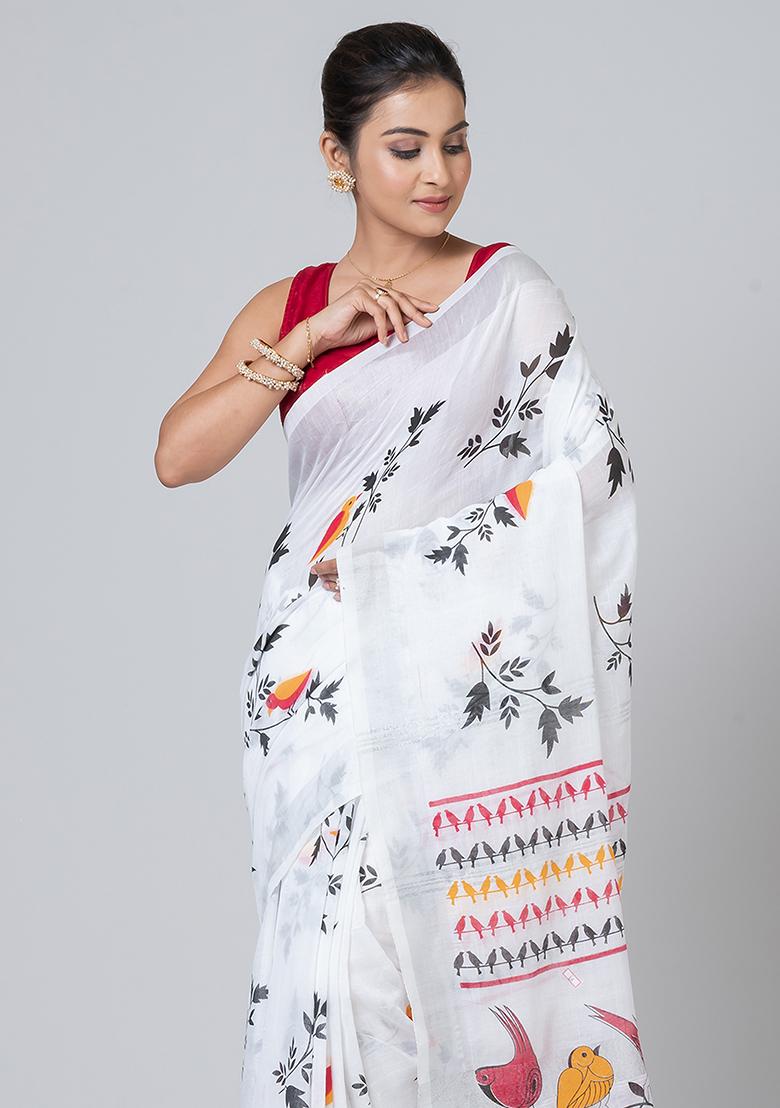 White Printed Cotton Saree Set