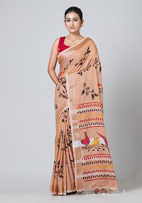 Beige Printed Cotton Saree Set