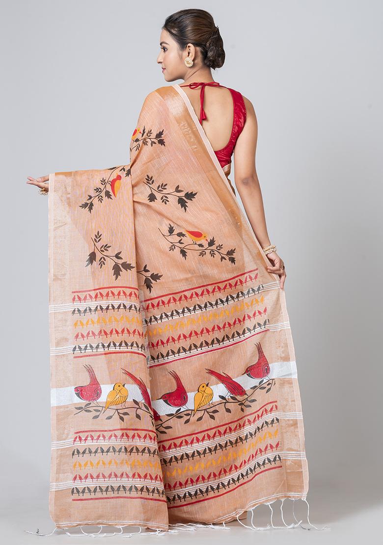 Beige Printed Cotton Saree Set