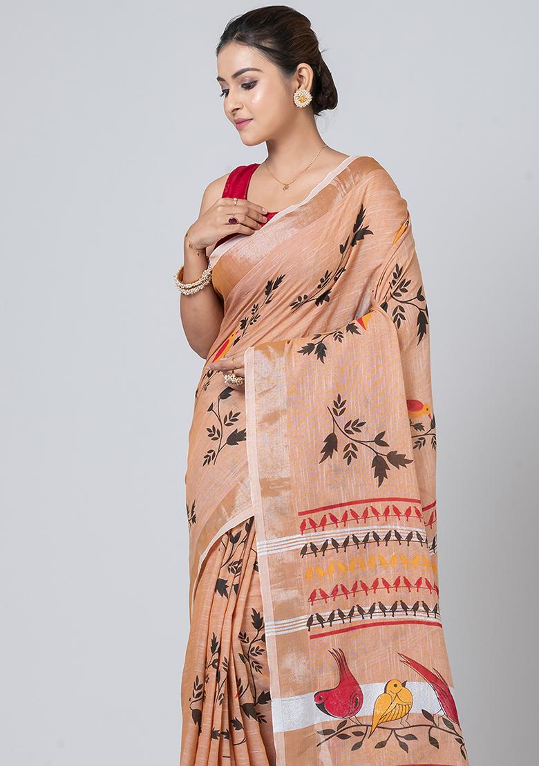 Beige Printed Cotton Saree Set