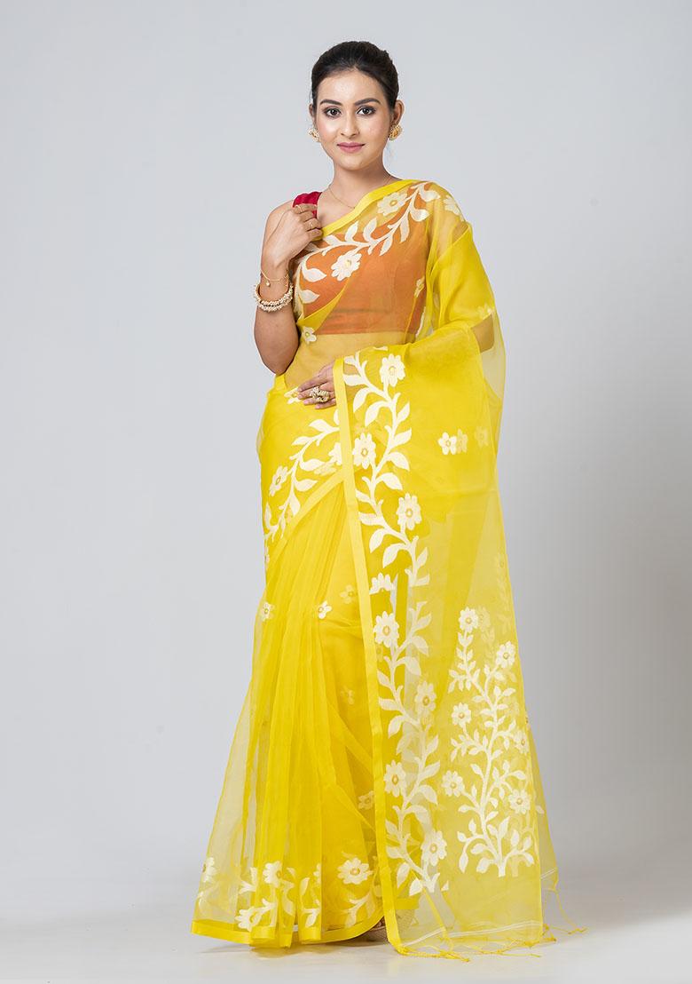 Yellow Jamdani Blended Silk Saree Set