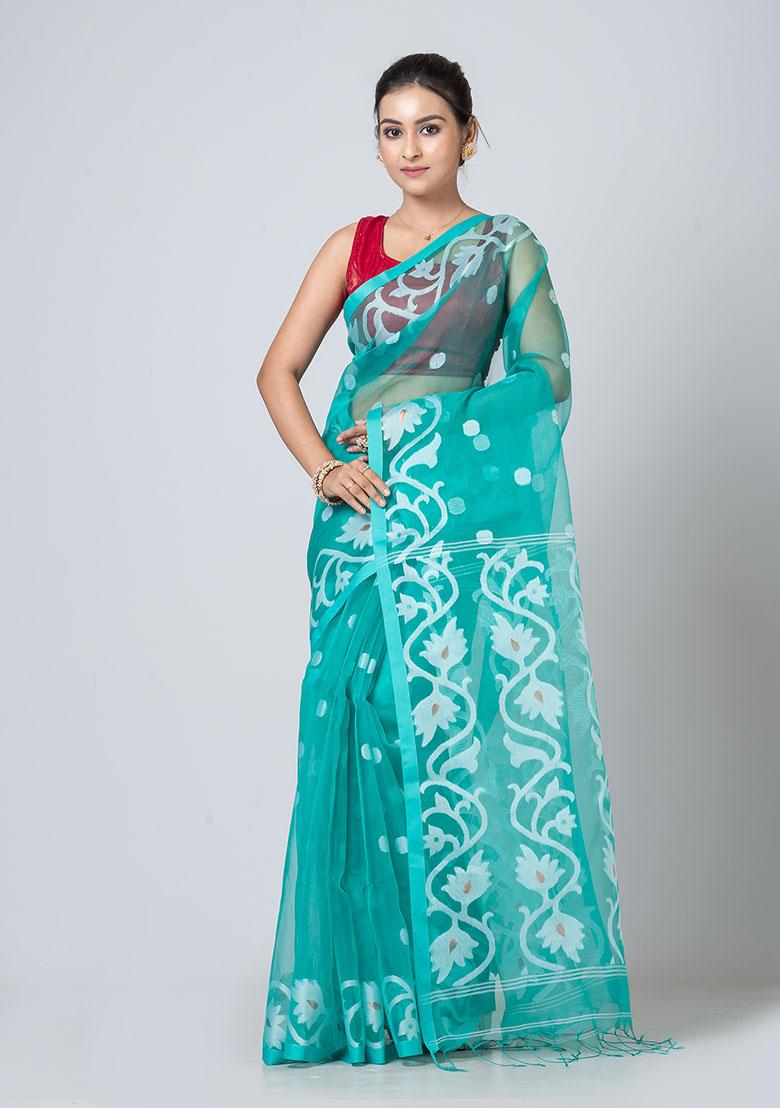 Sea Green Jamdani Blended Silk Saree Set