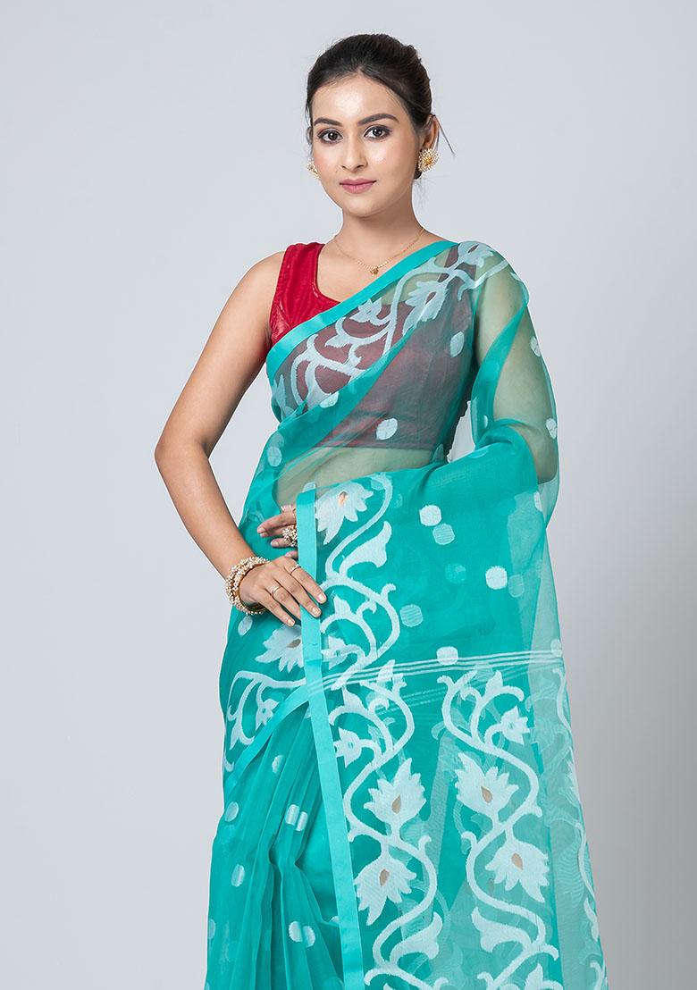 Sea Green Jamdani Blended Silk Saree Set