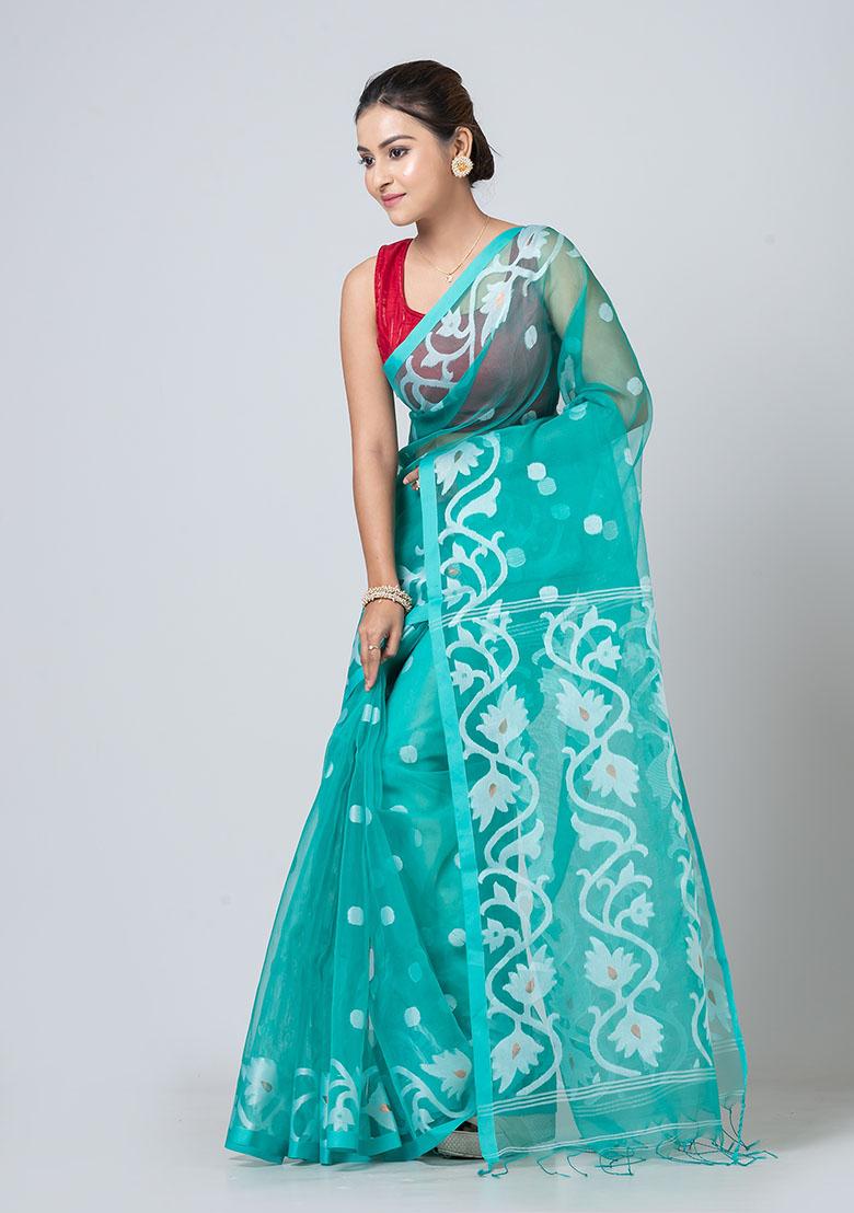 Sea Green Jamdani Blended Silk Saree Set