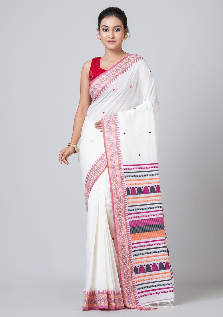 White Buti Work Cotton Saree Set