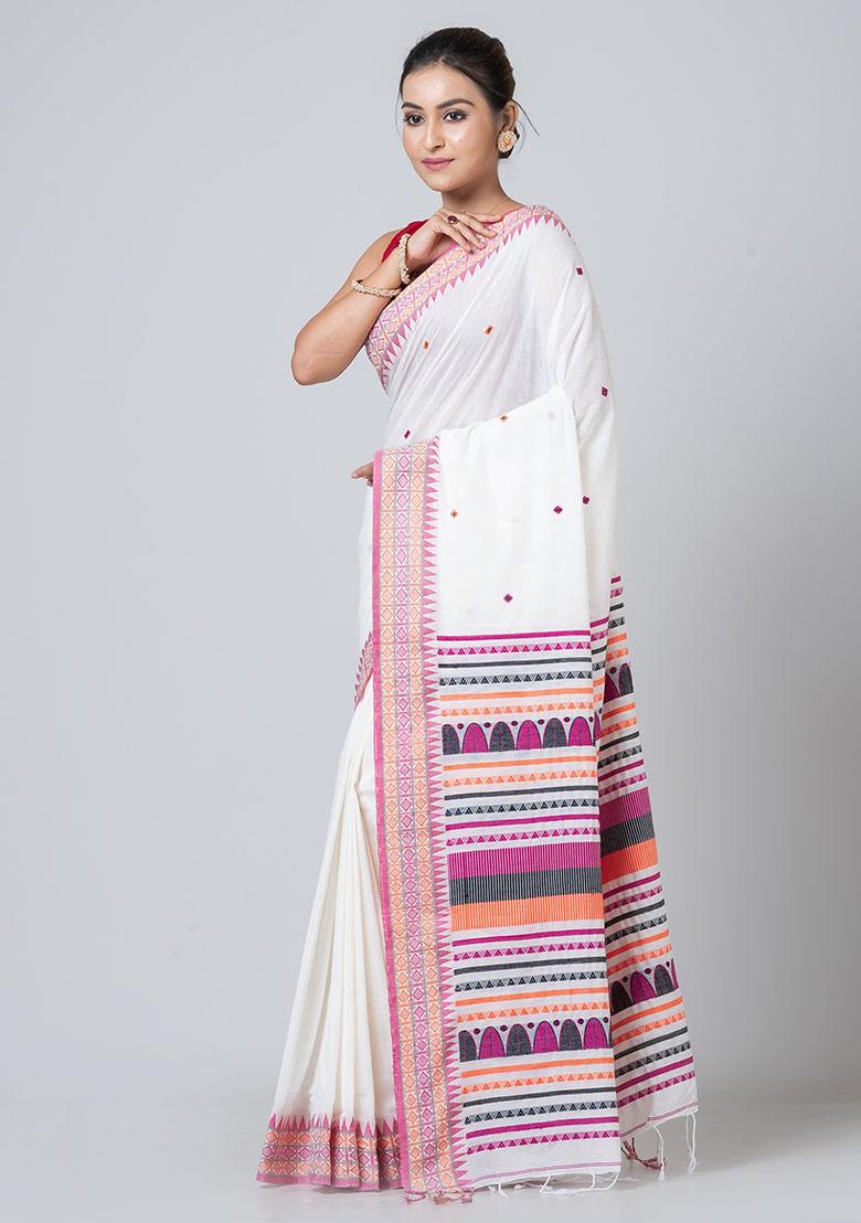 White Buti Work Cotton Saree Set