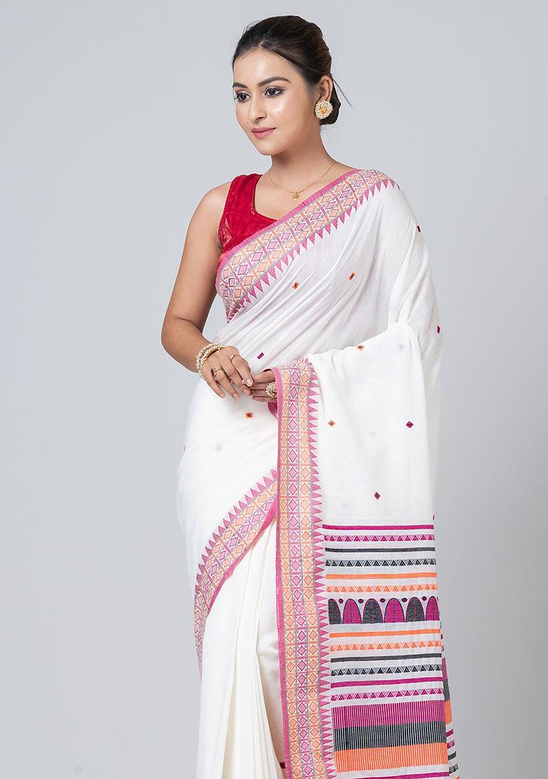 White Buti Work Cotton Saree Set