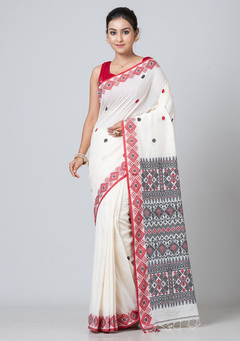 White Buti Work Cotton Saree Set
