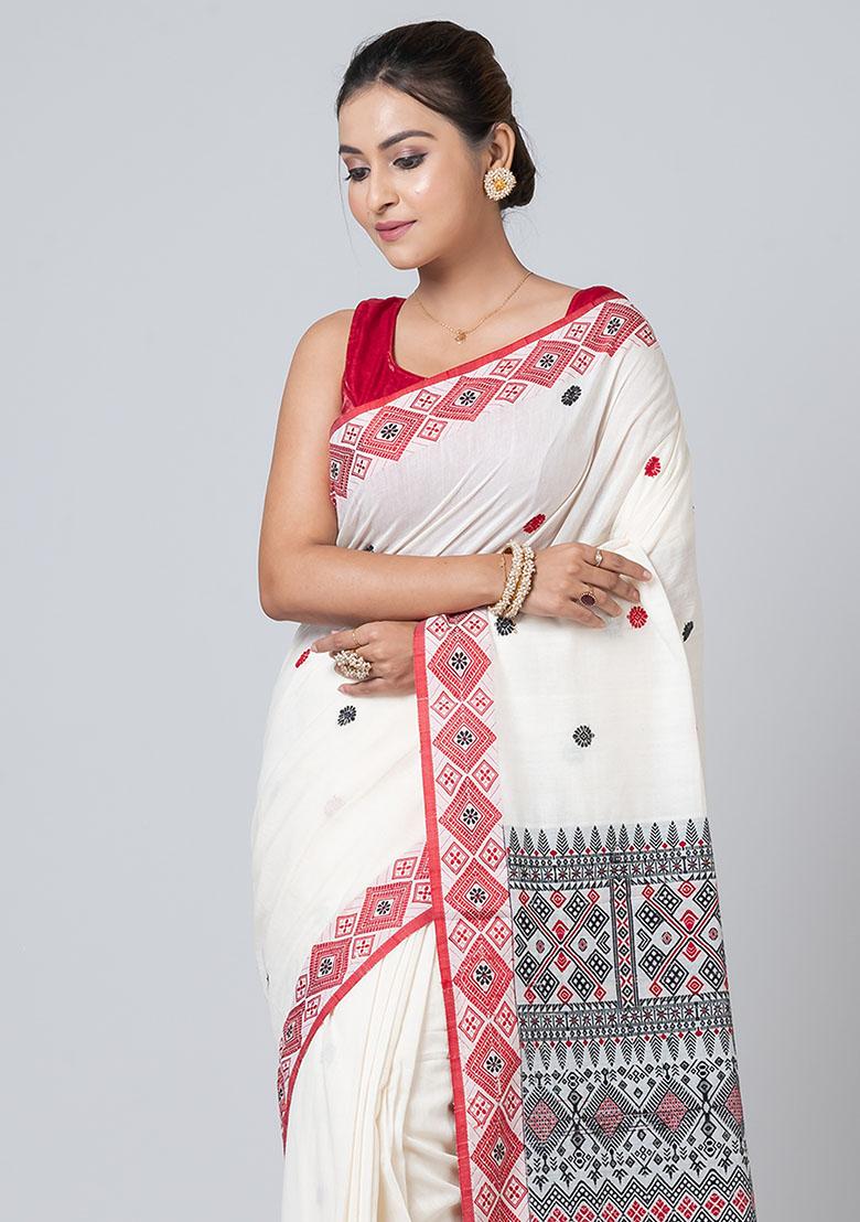 White Buti Work Cotton Saree Set