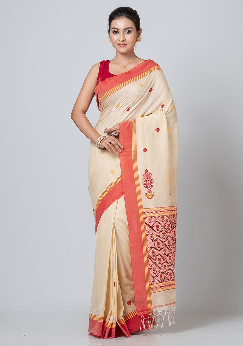 Beige Buti Work Cotton Saree Set