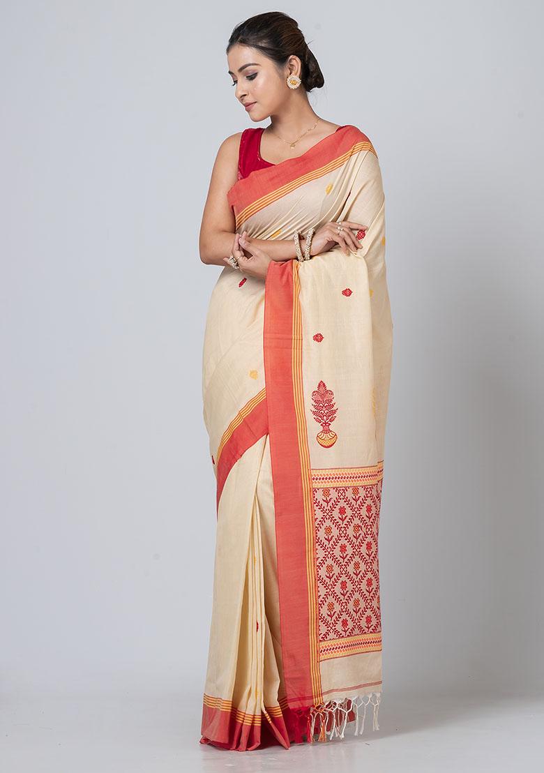 Beige Buti Work Cotton Saree Set