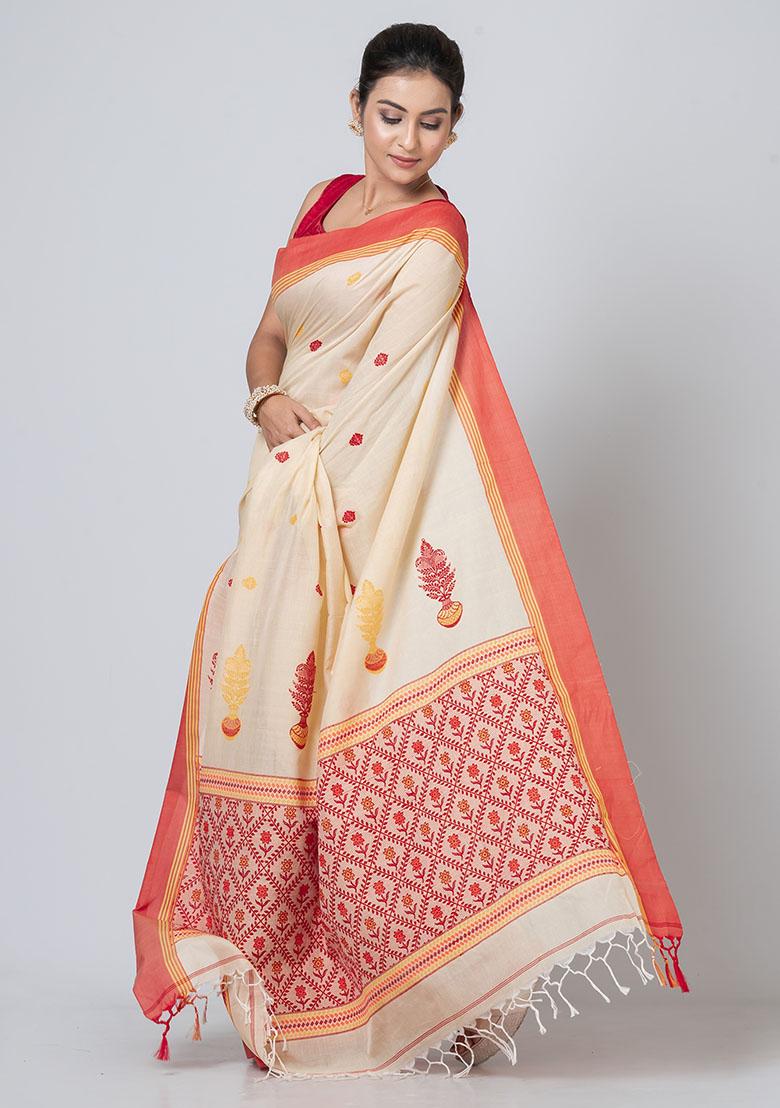 Beige Buti Work Cotton Saree Set