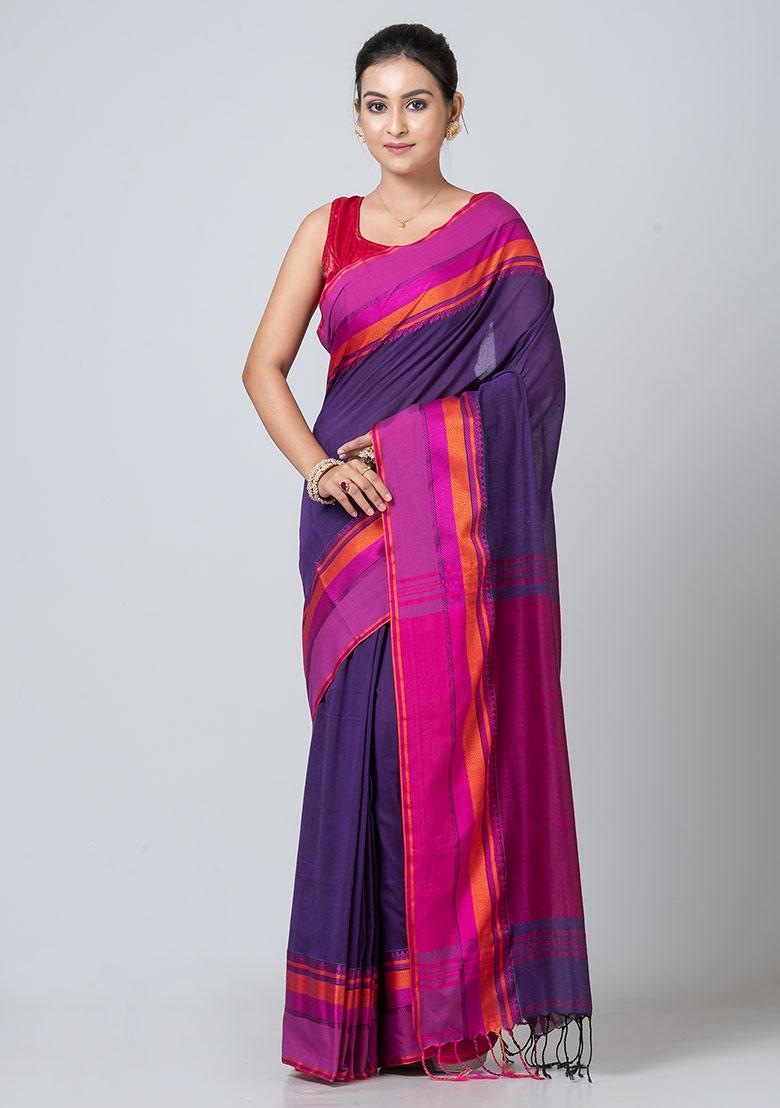 Purple Printed Cotton Saree Set